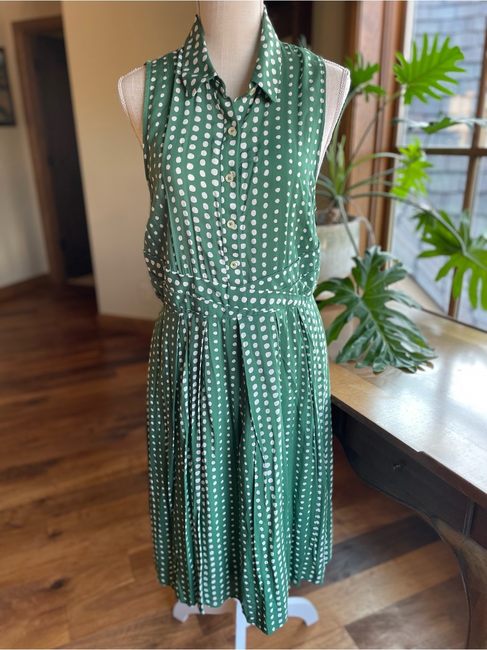 Anthropologie Green Polka Dot Sleeveless Midi Dress